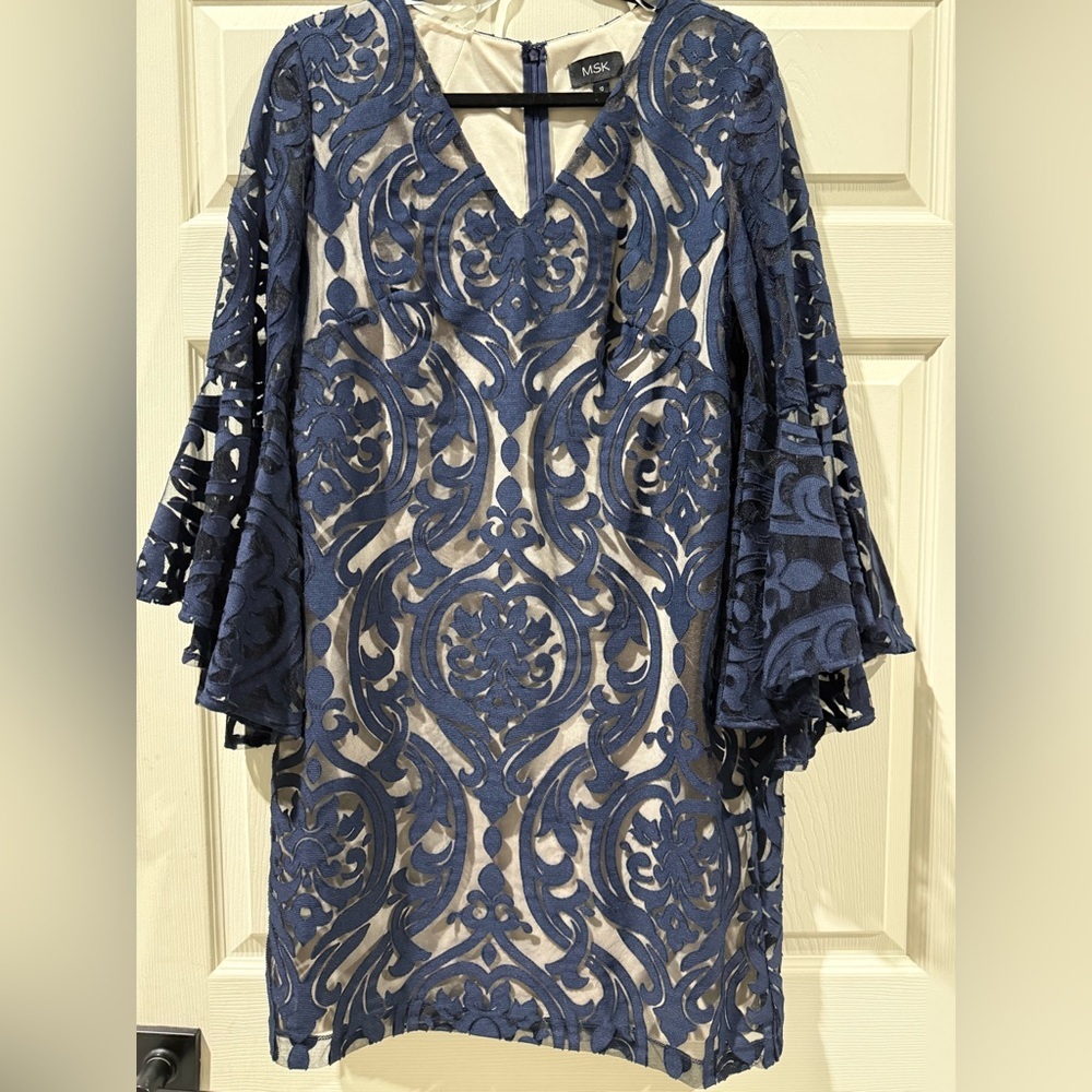 MSK Navy Blue Patterned bell Sleeve Dress with nude lining